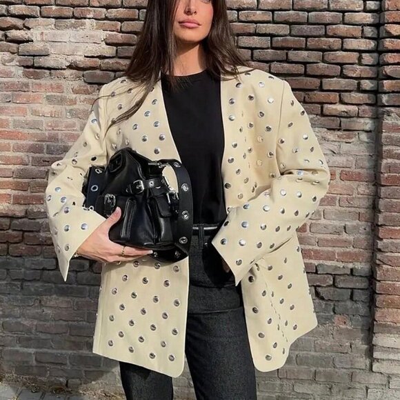 Beige Casual Women's Rivet Decoration Long Sleeve Blazer Coat - Picture 4 of 11